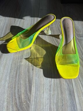 Neon Yellow Square Toe Clear Strap Heels